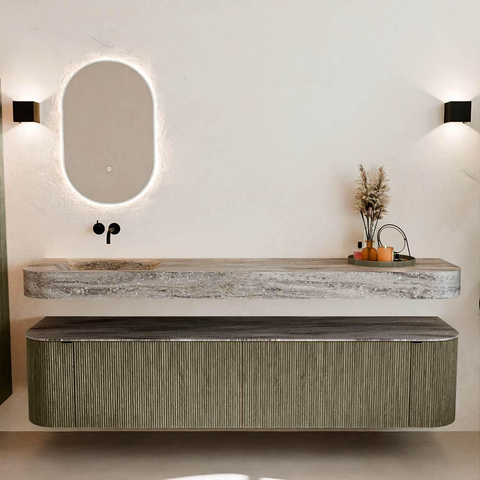 MONDIAZ THOR-DLUX 200cm meuble de salle de bains arrondi gauche + droite couleur Shadow avec 2 tiroirs et 2 portes. Vasque suspendue CLOUD Gauche sans trou de robinet couleur Oza. SW1467205