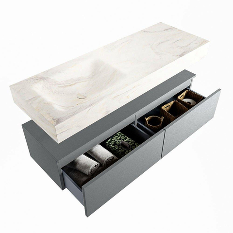 Mondiaz ALAN-DLUX Ensemble de meuble - 130cm - meuble Plata mat - 2 tiroirs - Lavabo Cloud Ostra suspendu - vasque gauche - 0 trous de robinet SW807948
