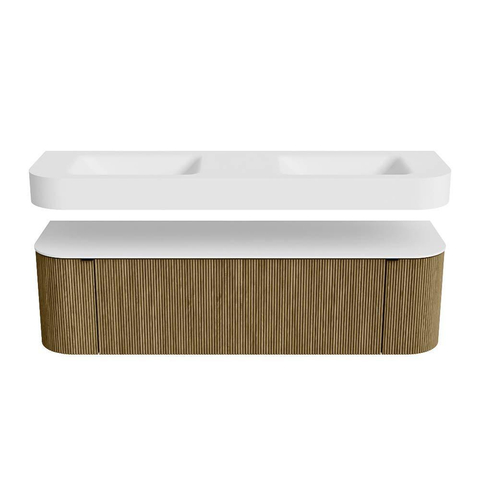 MONDIAZ THOR 160cm meuble de salle de bains arrondi gauche + droite couleur Dusk avec 1 tiroir et 2 portes. Vasque suspendue CLOUD Double 2 trous de robinet couleur Talc. SW1465029