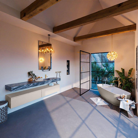 Mondiaz ALAN-DLUX Ensemble de meuble - 200cm - meuble Linen mat - 2 tiroirs - Lavabo Cloud Lava suspendu - vasque droite - 1 trou de robinet SW808182