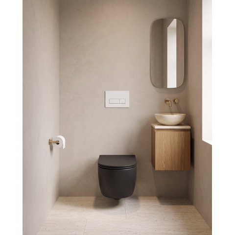 QeramiQ Dely Swirl Ensemble WC- 36.3x51.7cm - Réservoir encastré Geberit UP320 - abattant fin - Plaque de commande blanche brillante - Boutons rectangulaires - Noir mat SW1130191