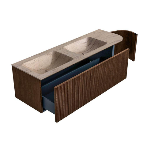 MONDIAZ KURVE-DLUX Meuble de salle de bains 145cm arrondi à droite couleur Walnut avec 1 tiroir et 1 porte. Lavabo LEAF Double / gauche sans trou de robinet Saba. SW1433201