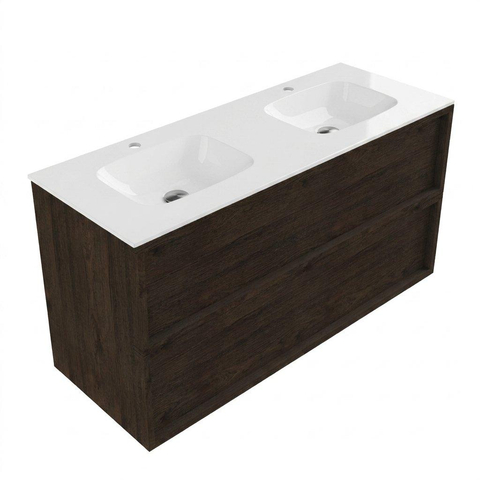 Saniclass Holz Frame Ensemble de meubles de salle de bains - 120x45x61.5cm - lavabo Flow en solid surface blanc - 2 vasques - 2 trous de robinet - 2 tiroirs - chêne charcoal mat (bois) SW1579787