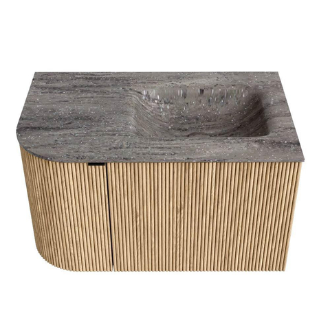MONDIAZ KURVE-DLUX Meuble de salle de bains 75cm arrondi à gauche couleur Chêne avec 1 tiroir et 1 porte. Lavabo GRUNNE à droite 1 trou de robinet Oza. SW1432610