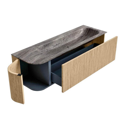 MONDIAZ KURVE-DLUX meuble de salle de bains 145cm arrondi à gauche couleur chêne avec 1 tiroir et 1 porte. Lavabo BIG LARGE à droite 2 trous de robinet Oza. SW1432663