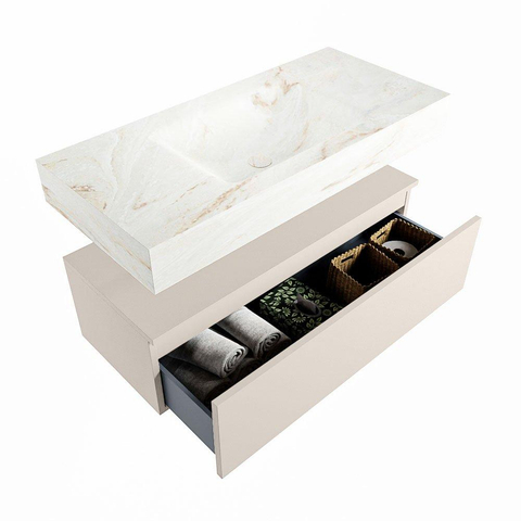 Mondiaz ALAN-DLUX Ensemble de meuble - 100cm - meuble Linen mat - 1 tiroir - Lavabo Cloud Frappe suspendu - vasque Centre - 0 trous de robinet SW805296