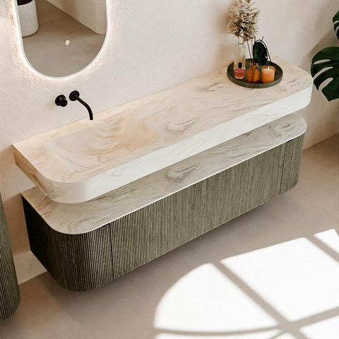 MONDIAZ THOR-DLUX 170cm meuble de salle de bains arrondi gauche + droite couleur Shadow avec 1 tiroir et 2 portes. Vasque suspendue CLOUD Gauche sans trou de robinet couleur Ostra. SW1465542