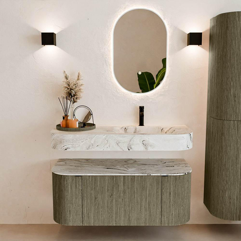 MONDIAZ THOR-DLUX 110cm badmeubel ronding links + rechts kleur Shadow met 1 lade en 2 deuren. Vrijhangende wastafel CLOUD Rechts 1 kraangat kleur Glace. SW1462889
