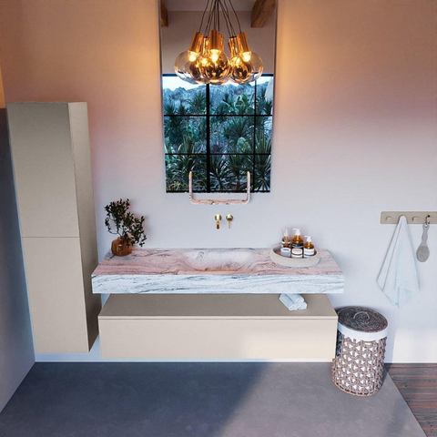 Mondiaz ALAN-DLUX Ensemble de meuble - 150cm - meuble Linen mat - 1 tiroir - Lavabo Cloud Glace suspendu - vasque Centre - 0 trous de robinet SW805783