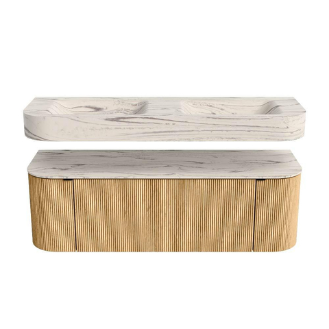 MONDIAZ THOR-DLUX 140cm badmeubel ronding links + rechts kleur Oak met 1 lade en 2 deuren. Vrijhangende wastafel CLOUD Dubbel zonder kraangat kleur Nata. SW1464448
