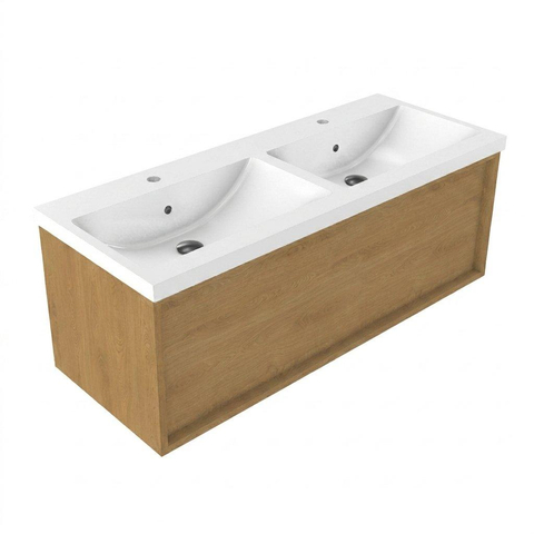 Saniclass Holz Frame Badkamermeubelset - 120x45x43.5cm - Bari keramische wastafel wit - 2 wasbakken - 2 kraangaten - 1 lade - mat eiken natural (hout) SW1478782