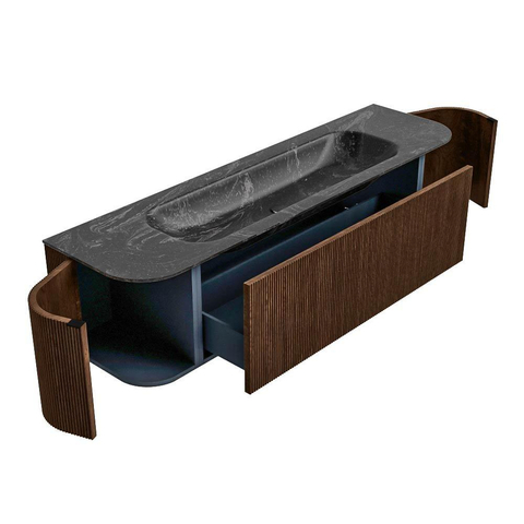 MONDIAZ KURVE-DLUX 170cm badmeubel met module 25 Len R kleur Walnut met 1 lade en 2 deuren. Wastafel BIG LARGE midden 2 kraangaten kleur Lava. SW1137276