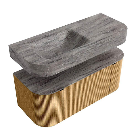 MONDIAZ THOR-DLUX 110cm meuble de salle de bains arrondi gauche + droite couleur Oak avec 1 tiroir et 2 portes. Vasque suspendue CLOUD Gauche sans trou de robinet couleur Oza. SW1462985