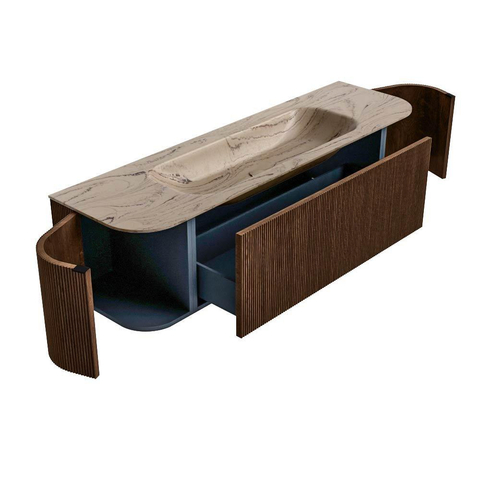 MONDIAZ KURVE-DLUX Meuble de salle de bains 160cm arrondi Gauche + Droite couleur Walnut avec 1 tiroir et 2 portes. Plan vasque BIG MEDIUM Central sans trou de robinet Arena. SW1431229