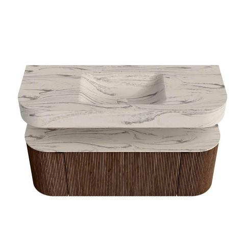 MONDIAZ THOR-DLUX 120cm badmeubel ronding links + rechts kleur Walnut met 1 lade en 2 deuren. Vrijhangende wastafel CLOUD Midden 1 kraangat kleur Nata. SW1463382