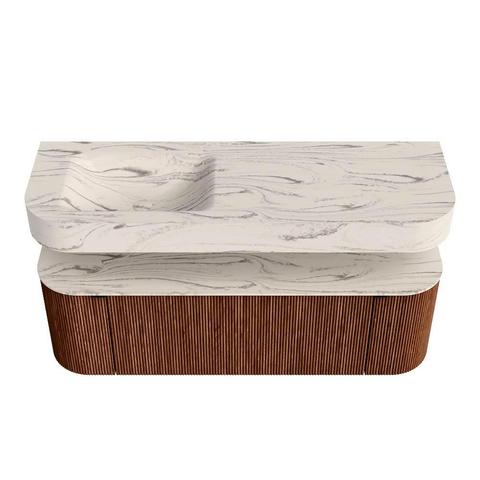 MONDIAZ THOR-DLUX 140cm meuble de salle de bains arrondi gauche + droite couleur Ruby avec 1 tiroir et 2 portes. Vasque suspendue CLOUD gauche 1 trou de robinet couleur Nata. SW1464451