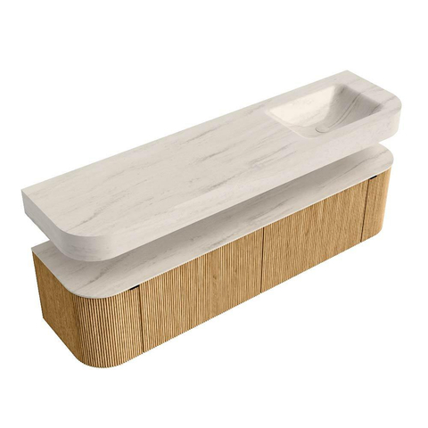 MONDIAZ THOR-DLUX 180cm meuble de salle de bains arrondi gauche + droite couleur Oak avec 2 tiroirs et 2 portes. Vasque suspendue CLOUD droite sans trou de robinet couleur Meli. SW1466155