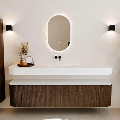 MONDIAZ THOR 190cm badmeubel ronding links + rechts kleur Walnut met 2 lades en 2 deuren. Vrijhangende wastafel CLOUD Midden zonder kraangat kleur Talc. SW1466394