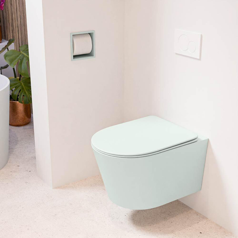 Mondiaz LAVIE hangtoilet – spoelrandloos – 36 x 53 cm – met softclose zitting – Greey (lichtgroen/grijs) SW1208674