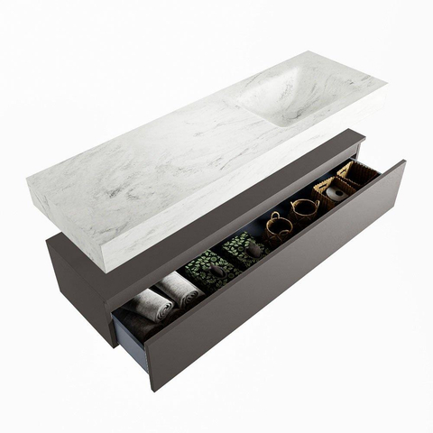 Mondiaz ALAN-DLUX Ensemble de meuble - 150cm - meuble Dark grey mat - 1 tiroir - Lavabo Cloud Opalo suspendu - vasque Droite - 1 trou de robinet SW806673