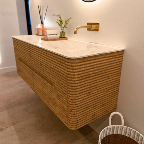 Mondiaz CIRO-DLUX Badkamermeubelset - 140x45x50cm - Solid surface wastafel Ostra - 1 wasbak Rechts - zonder kraangaten - 4 lades - Oak SW1530932