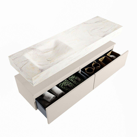 Mondiaz ALAN-DLUX Ensemble de meuble - 150cm - meuble Linen mat - 2 tiroirs - Lavabo Cloud Ostra suspendu - vasque gauche - 1 trou de robinet SW807409