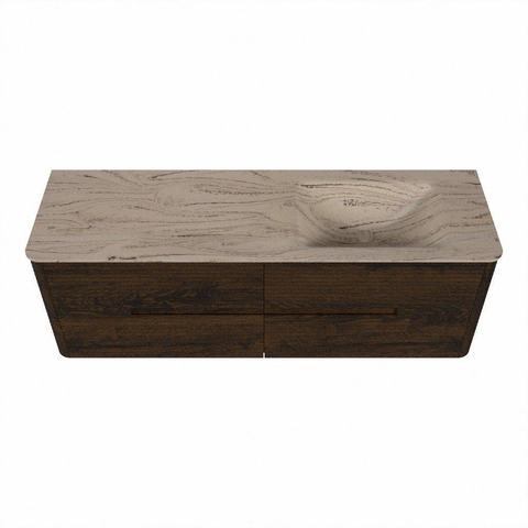 Mondiaz CIRO-DLUX Meuble de salle de bains - 150x45x50cm - Plan vasque solid surface Arena - 1 lavabo à droite - sans trous de robinet - 4 tiroirs - Noyer SW1530426