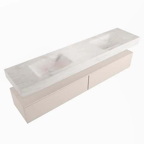 Mondiaz ALAN-DLUX Ensemble de meuble - 200cm - meuble Linen mat - 2 tiroirs - Lavabo Cloud Ostra suspendu - vasque gauche et droite - 2 trous de robinet SW807389