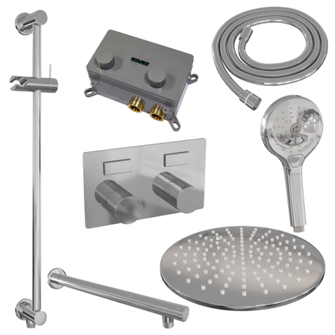 BRAUER Chrome Carving Thermostatische Regendouche inbouw - drukknoppen - SET 68 - 30cm hoofddouche - rechte muurarm - 3 standen handdouche - doucheslang - geïntegreerde glijstang - chroom SW925521