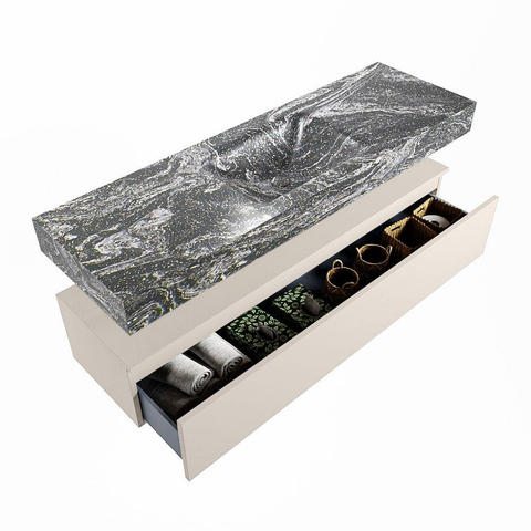 Mondiaz ALAN-DLUX Ensemble de meuble - 150cm - meuble Linen mat - 1 tiroir - Lavabo Cloud Lava suspendu - vasque Centre - 0 trous de robinet SW808223