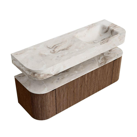 MONDIAZ THOR-DLUX 140cm badmeubel ronding links + rechts kleur Walnut met 1 lade en 2 deuren. Vrijhangende wastafel CLOUD Rechts zonder kraangat kleur Frappe. SW1463938