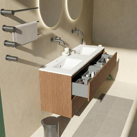 Saniclass Holz Atelier Ensemble meuble de salle de bains - 140x45x62cm - lavabo Vygo en céramique blanc - 2 vasques - sans trous de robinet - 4 tiroirs - brillant walnut pure (bois) SW1437739