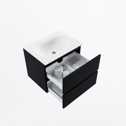 MONDIAZ VICA meuble sous lavabo 60cm Urban 2 tiroirs. Lavabo MOON centre 1 trou de robinet, couleur Talc. SW1381815