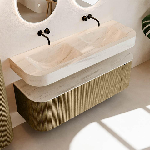 MONDIAZ THOR-DLUX 140cm meuble de salle de bains arrondi gauche + droite couleur Dusk avec 1 tiroir et 2 portes. Vasque suspendue CLOUD Double sans trou de robinet couleur Meli. SW1464422