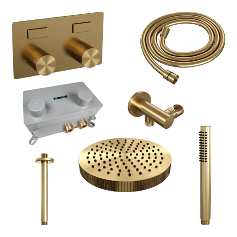 BRAUER Stripe Douche de tête thermostatique encastrée - boutons-poussoirs - SET 27 - pomme de douche 25cm - bras plafond - douchette sur barre - flexible de douche - coude mural - PVD doré brossé SW1434851