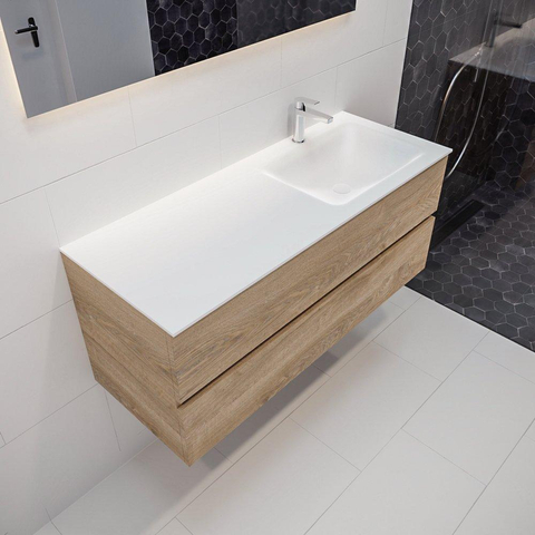 MONDIAZ VICA Ensemble de meuble salle de bain - 120cm - 2 tiroirs - lavabo Cloud à droite - 1 trou de robinet - solid surface chêne blanchi SW409929