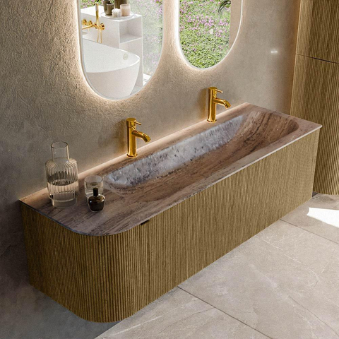 MONDIAZ KURVE-DLUX Meuble de salle de bains 145cm arrondi à gauche couleur Dusk avec 1 tiroir et 1 porte. Lavabo BIG LARGE à droite 2 trous de robinet Oza. SW1433004