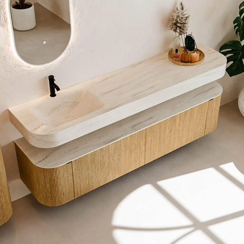 MONDIAZ THOR-DLUX Meuble de salle de bains 190cm arrondi gauche + droite couleur Oak avec 2 tiroirs et 2 portes. Vasque suspendue CLOUD Gauche 1 trou de robinet couleur Meli. SW1466632