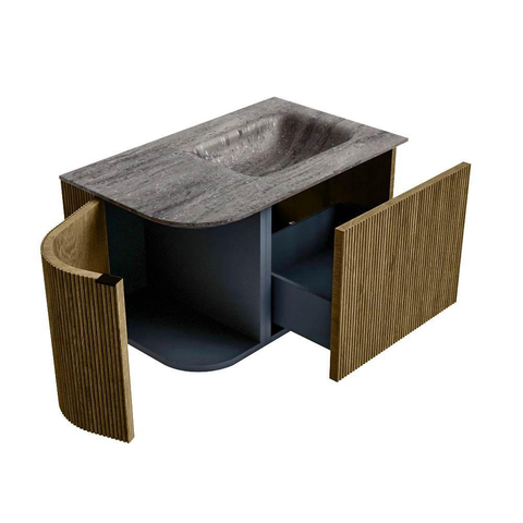 MONDIAZ KURVE-DLUX Meuble de salle de bains 75cm arrondi à gauche couleur Dusk avec 1 tiroir et 1 porte. Lavabo GRUNNE à droite 1 trou de robinet Oza. SW1434043