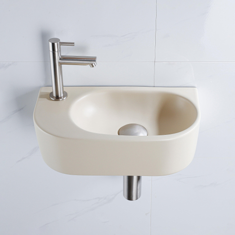 QeramiQ Fuente fonteinset – halfrond – 40x21.5x12 cm – keramiek beige – kraangat links – kraan geborsteld RVS SW1232815