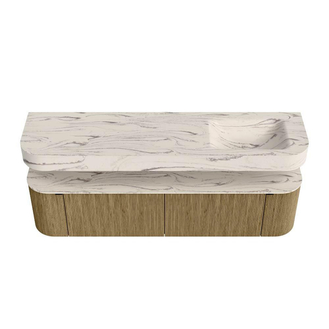 MONDIAZ THOR-DLUX 180cm meuble de salle de bains arrondi gauche + droite couleur Dusk avec 2 tiroirs et 2 portes. Vasque suspendue CLOUD Droite 1 trou de robinet couleur Nata. SW1466213