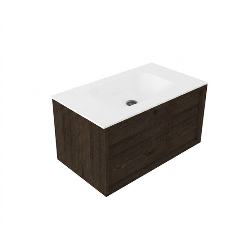 Saniclass Holz Frame Badkamermeubelset - 80x45x41.5cm - Flow solid surface wastafel wit - 1 wasbak - zonder kraangat - 1 lade - mat eiken charcoal (hout) SW1478385