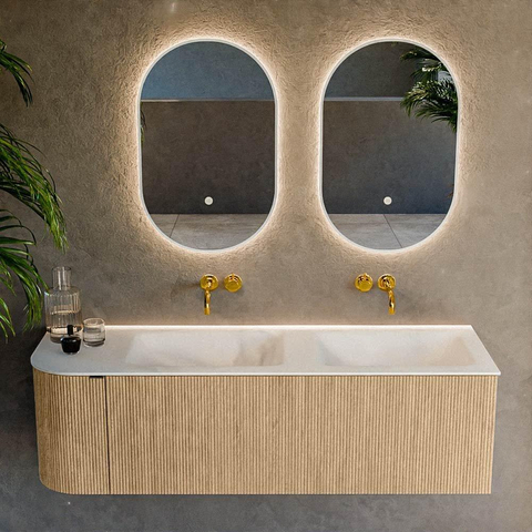MONDIAZ KURVE 145cm meuble de salle de bains avec module 25 L couleur Oak avec 1 tiroir et 1 porte. Lavabo CLOUD double / à droite sans trou de robinet Talc. SW1138200