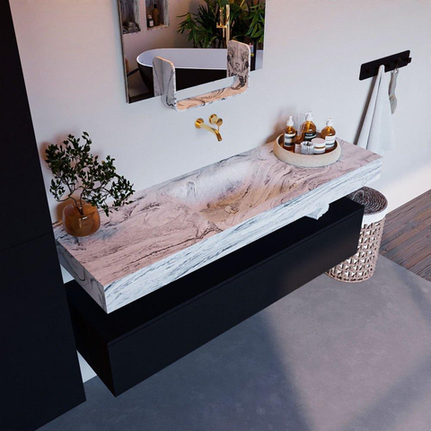 Mondiaz ALAN-DLUX Ensemble de meuble - 150cm - meuble Urban mat - 1 tiroir - Lavabo Cloud Glace suspendu - vasque Centre - 0 trous de robinet SW805548