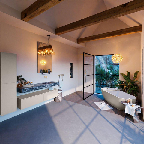 Mondiaz ALAN-DLUX Ensemble de meuble - 150cm - meuble Linen mat - 2 tiroirs - Lavabo Cloud Lava suspendu - vasque Droite - 0 trous de robinet SW808411