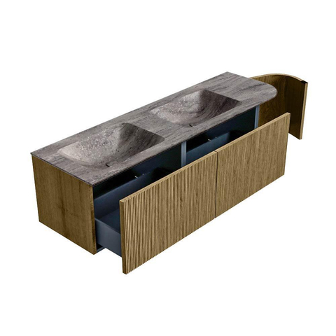 MONDIAZ KURVE-DLUX Meuble de salle de bains 155cm arrondi à droite couleur Dusk avec 2 tiroirs et 1 porte. Lavabo LEAF Double / Gauche 2 trous de robinet Oza. SW1433024