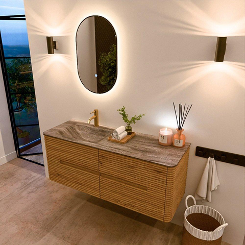 Mondiaz CIRO-DLUX Ensemble de meubles de salle de bains - 130x45x50cm - Vasque en solid surface Oza - 1 lavabo à gauche - 1 trou de robinet - 4 tiroirs - Chêne SW1531129
