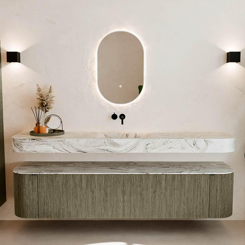MONDIAZ THOR-DLUX 200cm meuble de salle de bains arrondi gauche + droite couleur Shadow avec 2 tiroirs et 2 portes. Vasque suspendue CLOUD Milieu sans trou de robinet couleur Glace. SW1467034
