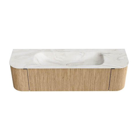 MONDIAZ KURVE-DLUX meuble de salle de bains 160cm avec module 25 Len R couleur Oak avec 1 tiroir et 2 portes. Lavabo BIG MEDIUM central 1 trou de robinet couleur Ostra. SW1137755
