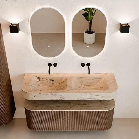 MONDIAZ THOR-DLUX 130cm meuble de salle de bains arrondi gauche + droite couleur Walnut avec 1 tiroir et 2 portes. Vasque suspendue CLOUD Double sans trou de robinet couleur Arena. SW1463778